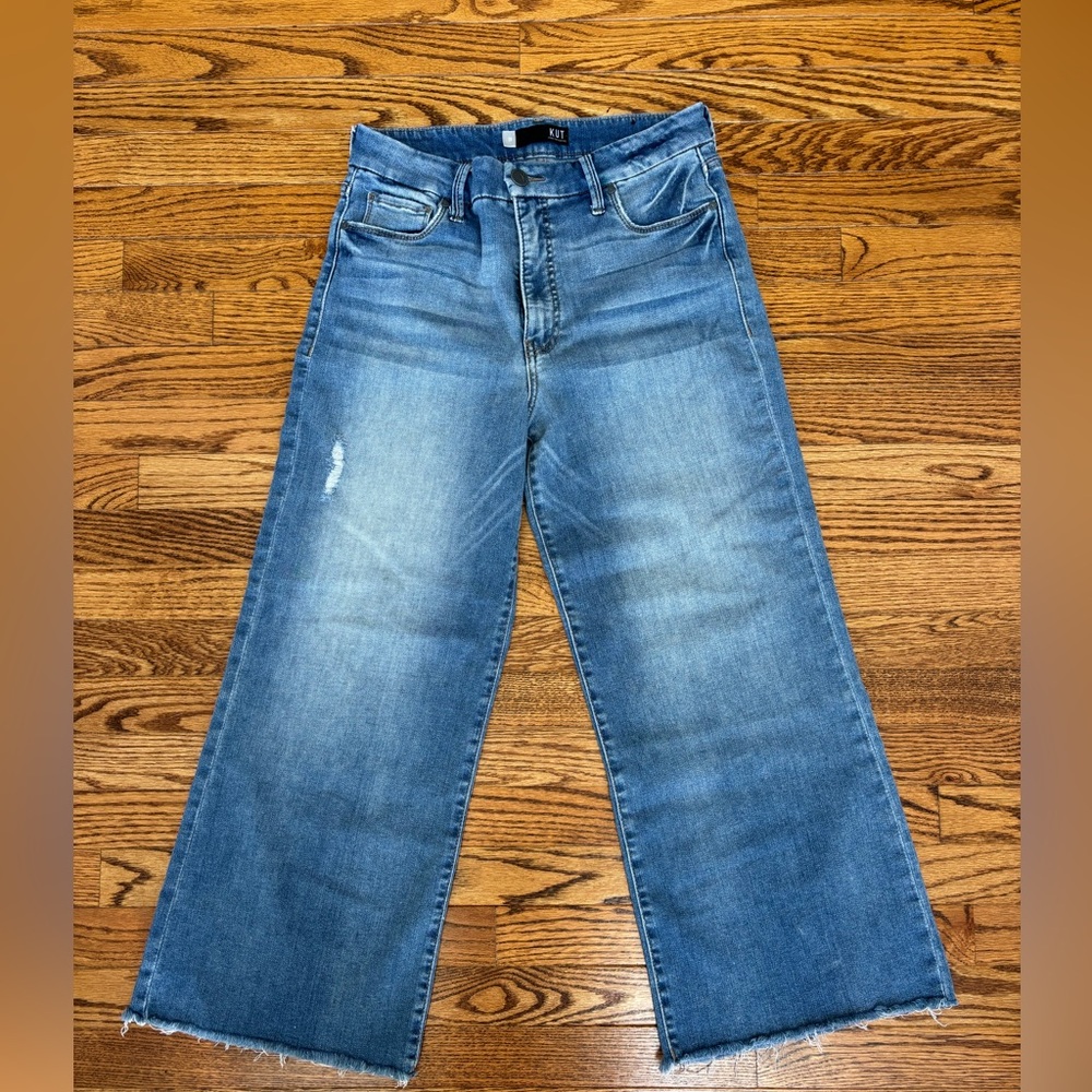 Kut from the Kloth Meg Fab Ab Wide Leg High Waist Raw Hem Jeans Size 10